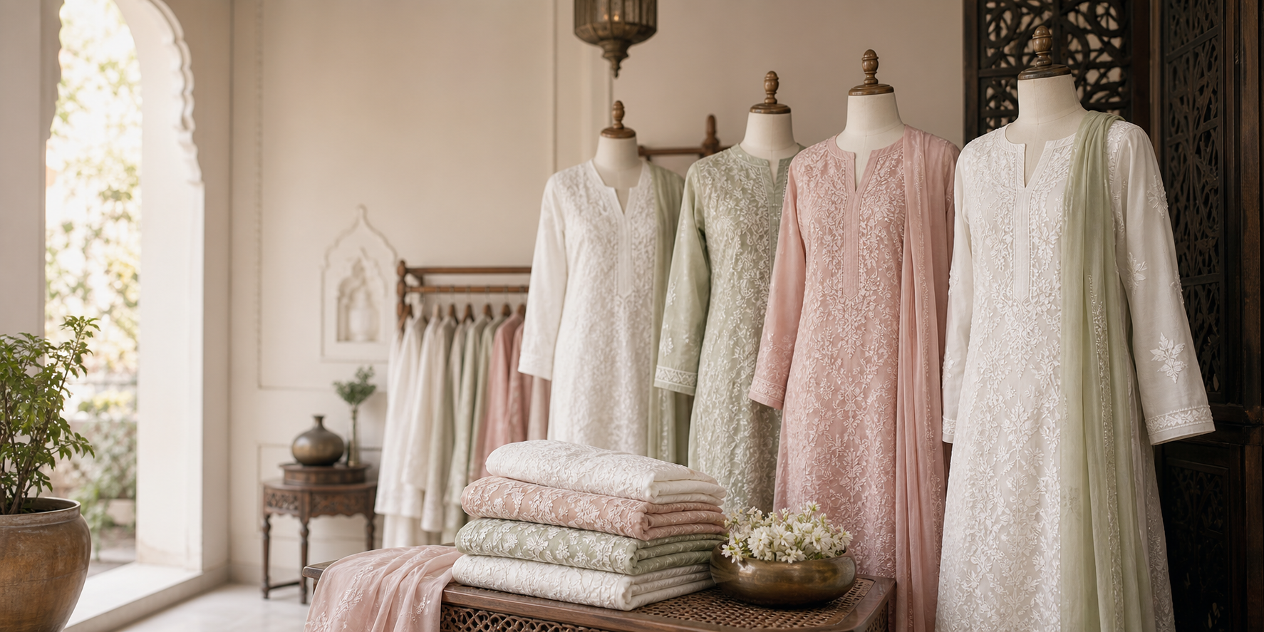 Chikankari apparel displayed in an elegant boutique