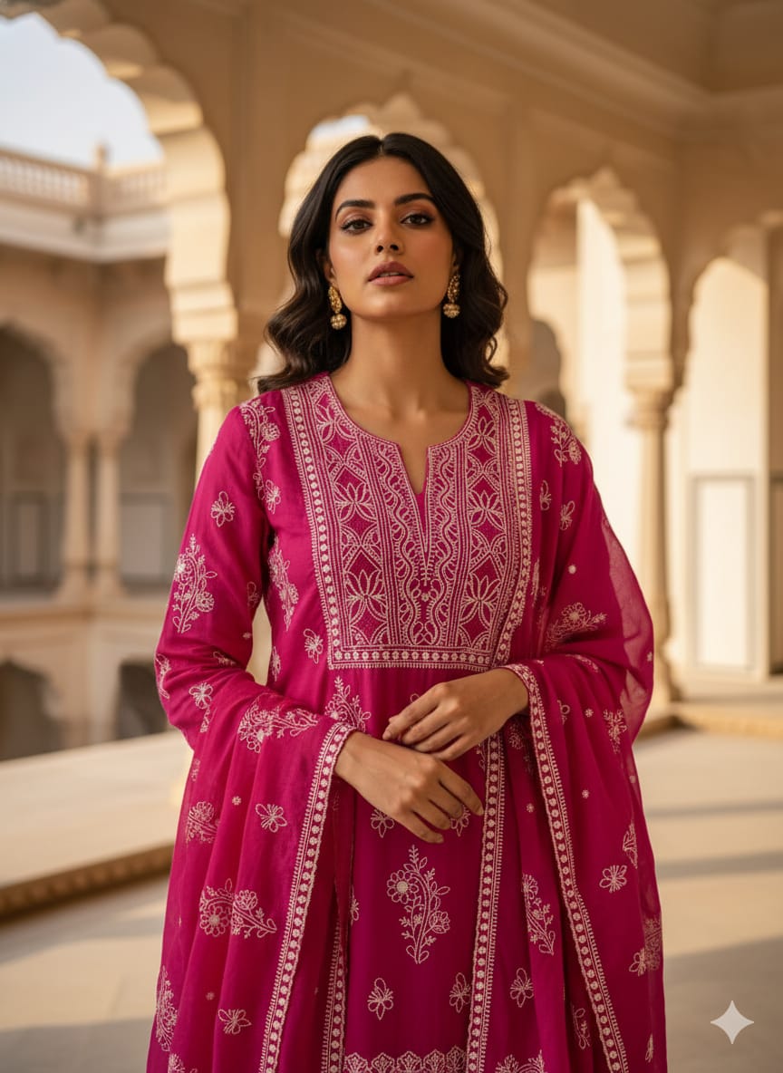Fuchsia chikankari suit set