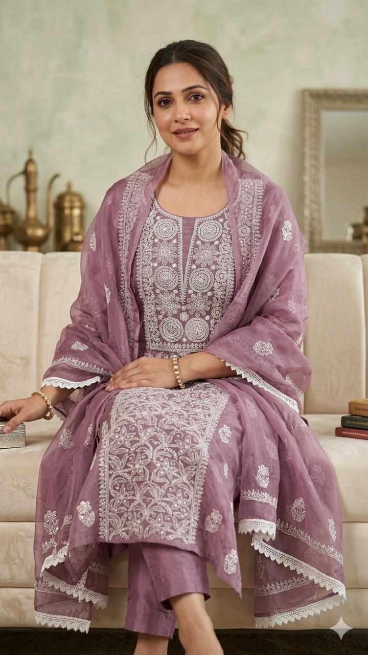 Mauve chikankari suit set